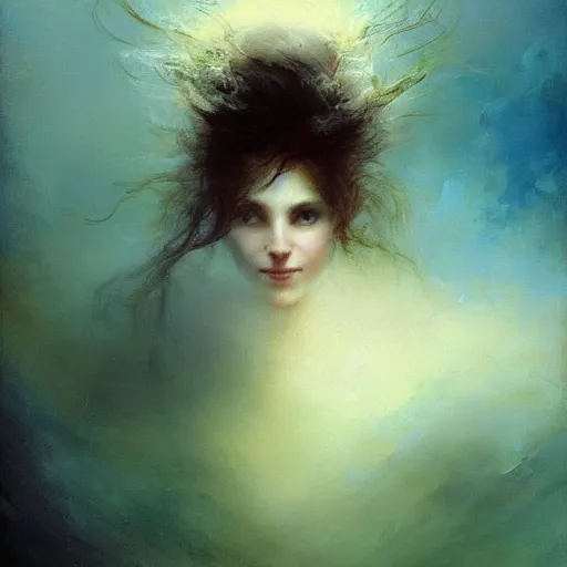 Image similar to three-quarters portrait with papery flaking skin, piercing multi-colored eyes, and under water flowing hair, dreams of the fae; painted in oil on canvas; surrealism by Aleksi Briclot and Ivan Aivazovsky