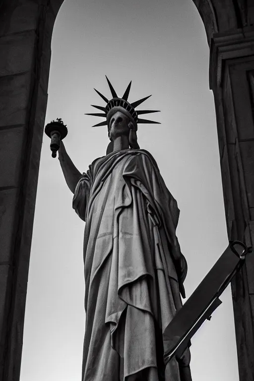 Image similar to award winning photo of the Statue of Liberty at Ellis Islandwearing Handmaid's Tale Costume, red robe, white bonnet, holding a torch, dramatic, cinematic lighting, 4k