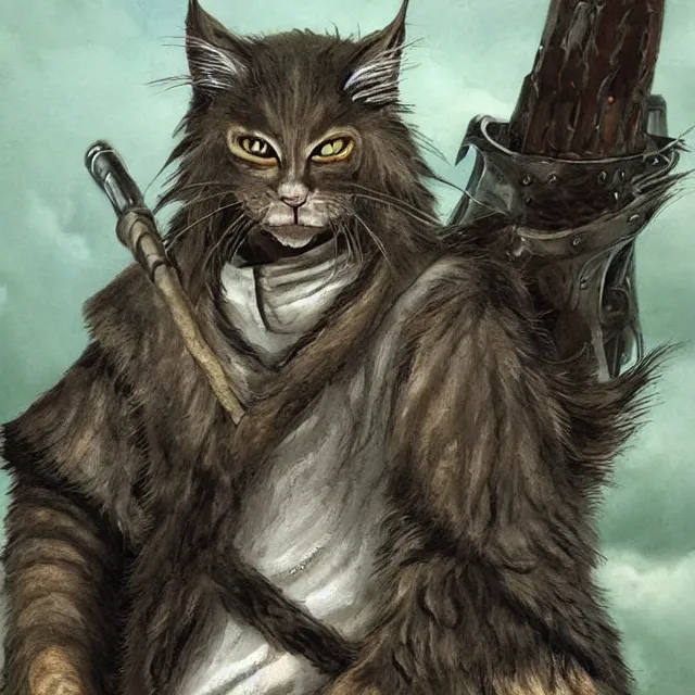 Image similar to khajit tabaxi catfolk humanoid with maine coon features black fur with a scar on the left eye and holding two shortswords cloaked in shadow and wearing hooded leather armor agile, dungeons and dragons, fantasy, tarot card style, high detail, hyper realistic