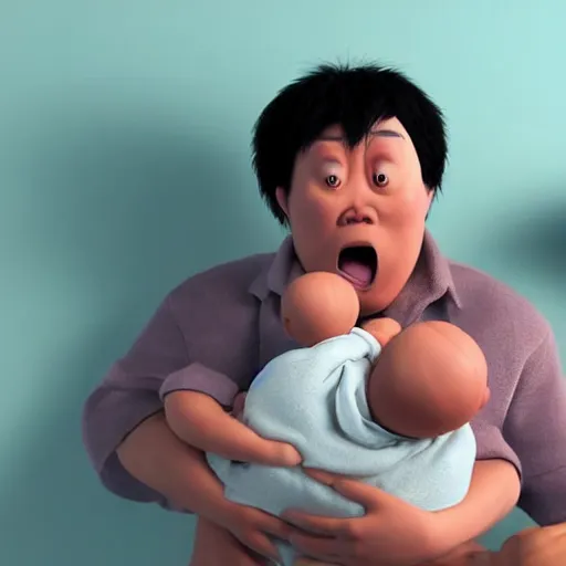 Image similar to shocked asian man cannot believe his eyes that he is holding a dark skinned chubby baby, award winning art, pixar, 3 d render, confusion, unreal engine