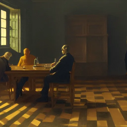 Image similar to covert shadow figures of men in a dark room with a chequered floor conversing around a table in secrecy, moody and atmospheric, dramatic scene, dimly lit room, cgsociety, 8k resolution, trending on artstation, octane render by Quint Buchholz, Pieter Claesz and edward hopper