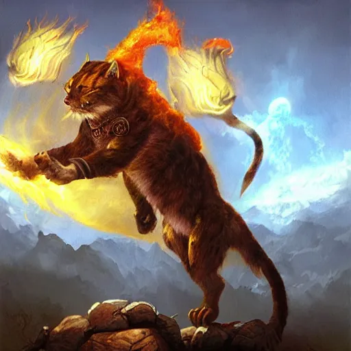 Prompt: “Tabaxi alchemist throwing alchemist fire on a great beast, realistic fantasy painting inspired by dungeons and dragons”