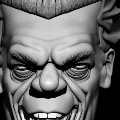 Image similar to hyperrealistic face portrait of frankestein monster actor boris karloff smiling, hyper real, flash photography, hyper detail, unreal engine,