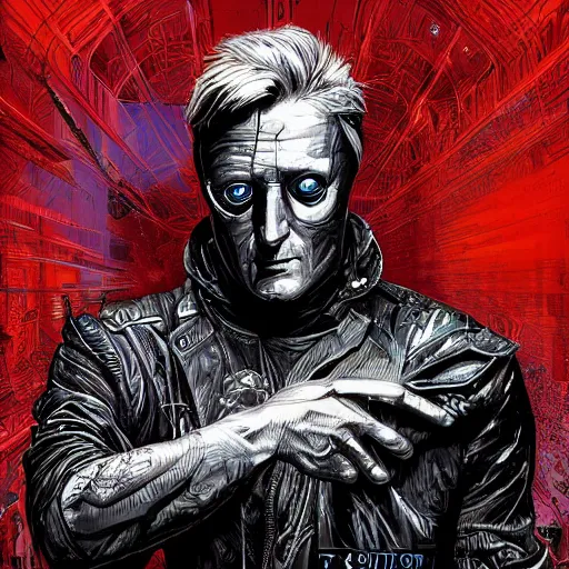 Prompt: vibrant portrait of rutger hauer cyborg by sandra chevrier laurie greasley gustave dore ron english, cybernetics, low contrast, cinematic dramatic lighting, hyper realistic detailed intricate render, hypermaximalist, ornate, epic composition, 4 k 8 k, cryengine octane, sharp focus, concept art, masterpiece