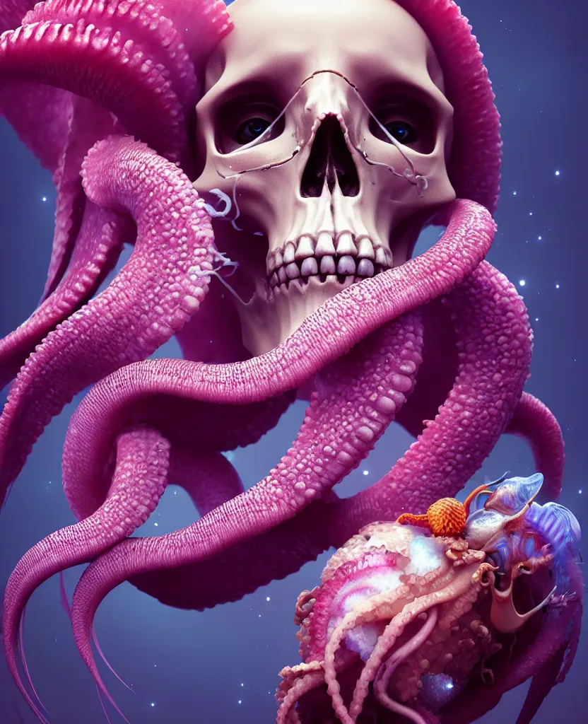 Image similar to goddess close - up portrait human skull, ram skull, squid phoenix jellyfish, orchid, betta fish, bioluminiscent, intricate artwork by tooth wu and wlop and beeple. octane render, trending on artstation, greg rutkowski very coherent symmetrical artwork. cinematic, hyper realism, high detail, octane render, 8 k