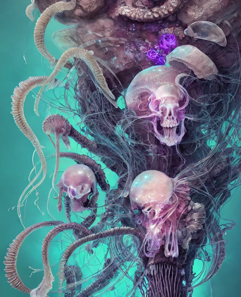 Image similar to goddess close-up portrait ram skull, thorax, x-ray, backbone, jellyfish phoenix head, nautilus, orchid, skull, betta fish, bioluminiscent creatures, intricate artwork by Tooth Wu and wlop and beeple. octane render, trending on artstation, greg rutkowski very coherent symmetrical artwork. cinematic, hyper realism, high detail, octane render, 8k