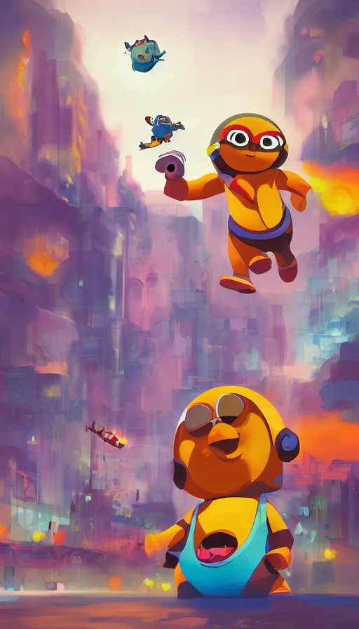 Prompt: painting of giant pororo attacking city, retrofuturism, behance, bold colors and shapes, trending on artstation