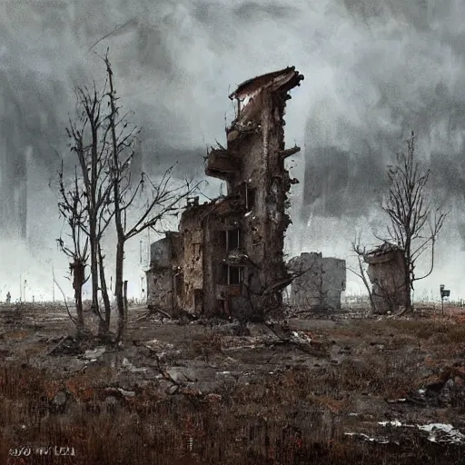 Image similar to painting of a abandoned post soviet town infested with humanoid root monsters by jakub rozalski