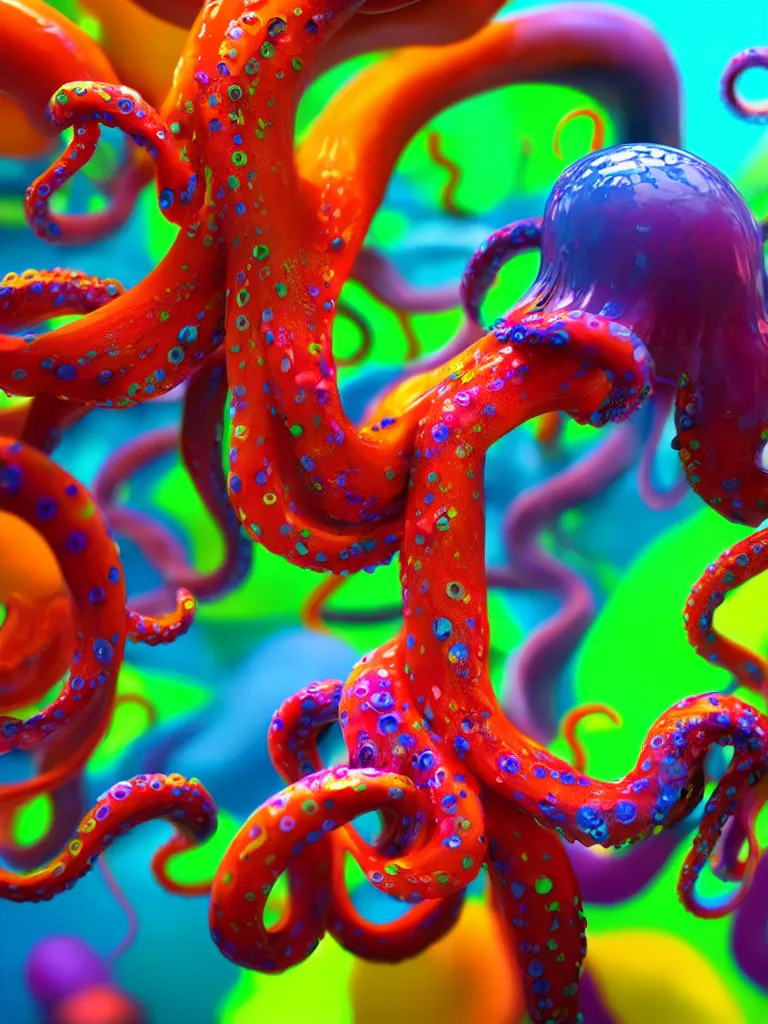 Image similar to colorful liquid octopus tentacles, beeple, octane render, hyper detailed painting, particles, bubbles