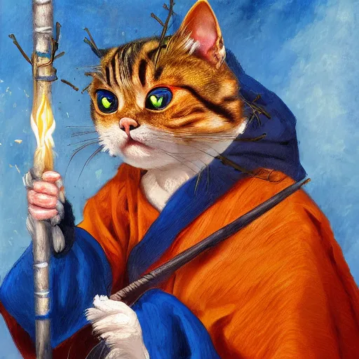 Prompt: An oil painting portrait of a cat wizard wearing blue robes, holding a staff casting a fire spell, digital art