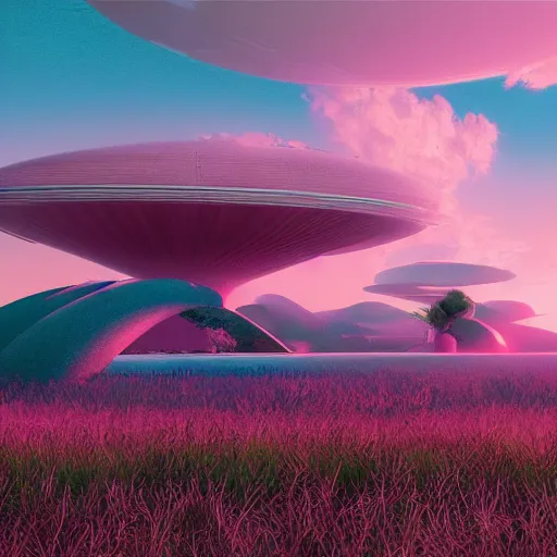 Prompt: panorama,utopia,science fiction,bio-inspired,organic,sunny,michael whelan,retro wave, pink hues,octane render