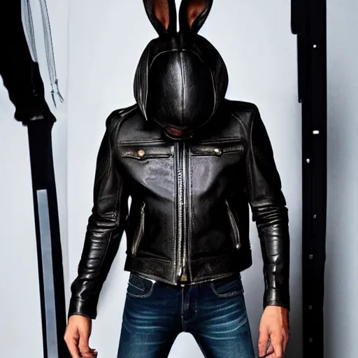 Prompt: A bunny with a small head wearing a fine intricate leather jacket and leather jeans and leather gloves