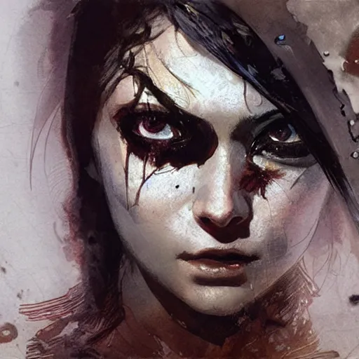 Image similar to alita crying and decaying into dust realistic illustration, intricate, elegant, highly detailed, greg manchess, mucha, liepke, ruan jia, jeffrey catherine jones, ridley scott