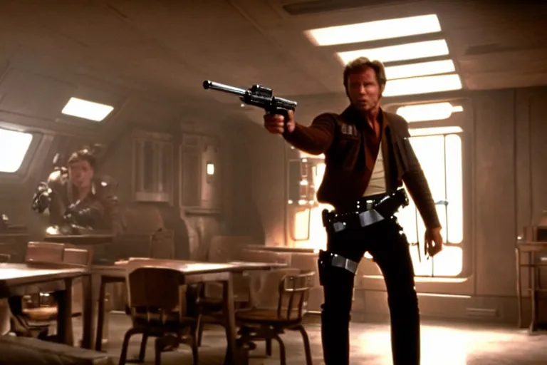 Image similar to film still of clint eastwood man with no name as han solo aiming a gun in new star wars, inside a tavern, 4 k