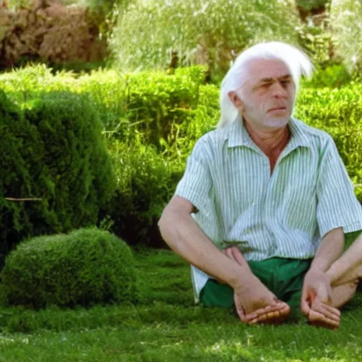 Image similar to long white hair old man with green shirt and white short, sitting in ile de re house garden, film still of plein soleil ( 1 9 6 0 )