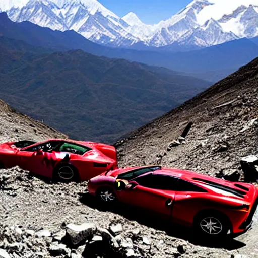 Image similar to crashed ferrari, 3 model lines on top of mount everest