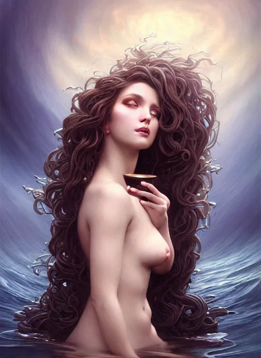 Image similar to heavenly goddess of coffee portrait of a seductive siren dreaming in underwater murky light, wind blown hair! dark fantasy esoteric, closeup, d & d, fantasy, intricate, elegant, highly detailed, digital painting, artstation, concept art, matte, sharp focus, illustration, art by artgerm and tom bagshaw and greg rutkowski and alphonse mucha