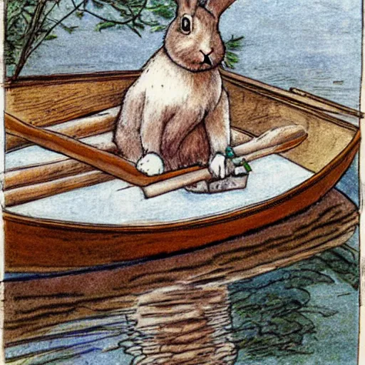 Prompt: a rabbit sitting in a rowboat on a calm river, in the style of carl larsson