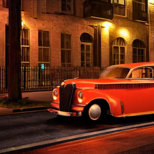 Image similar to old timer car on a street at night, ultra realistic, 8 k, beautiful