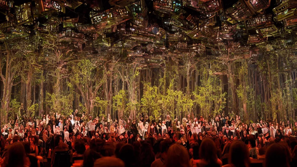 Prompt: fantastical opera set featuring glowing stacked computer monitors on stage, with dancers suspended from the ceiling. And trees on stage. A theater set of a forest with stacked computers. Professional photo from the perspective of the audience with the blurry shadows of audience members in the foreground. Inside the Metropolitan Opera House.