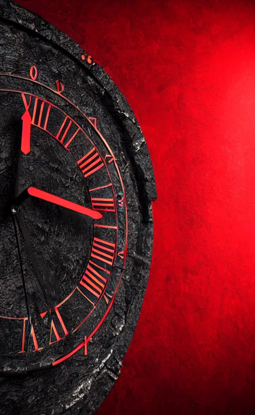 Image similar to a melting Roman numeral clock, behind a red and black gradient background, awith a black heart shaped on the top left corner and a black diamond card shape in the bottom right corner, dynamic lighting, photorealistic fantasy concept art, trending on art station, stunning visuals, cinematic, creative, ultra detailed