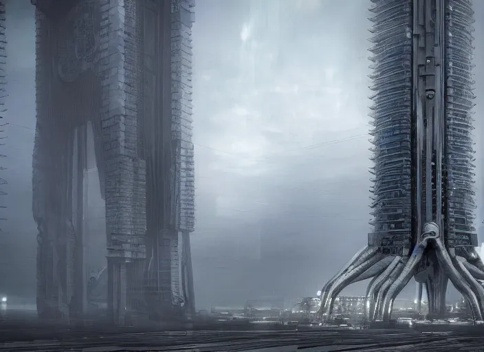 Image similar to a detailed sci - fi render of a dystopian mediaset tower, neo milano 3 by h. r. giger, trending on cgsociety, space art, lovecraftian sci - fi, 4 k