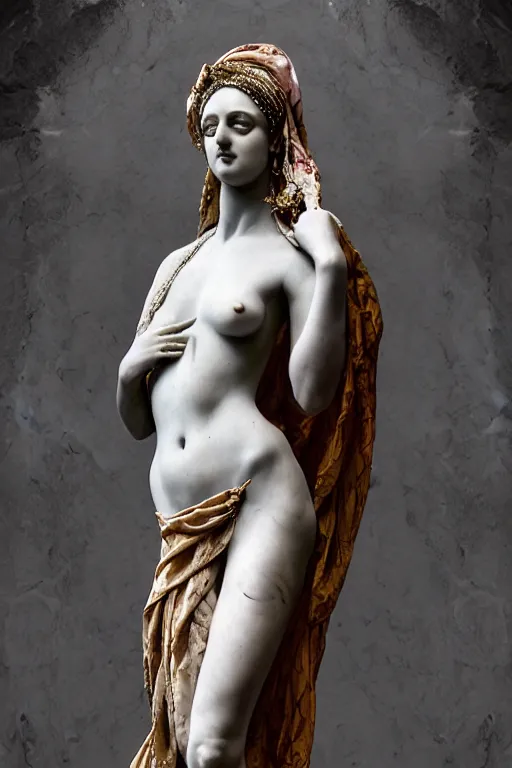 Prompt: marble statue of matte beautiful odalisque, sculpture with satin polished intricated surface, dressed with an old colorful torn silk cloak, using bone becklace, made by antonio corradini, and dug stanat macabre art, dark surrealism, epic and cinematic view, volummetric light, texturized, detailed, freak renaissance, 8 k