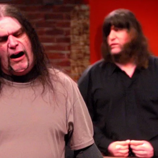 Prompt: George Fischer from cannibal corpse shows off his neck on Jerry Springer in the style of Moebius