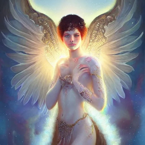 Image similar to A beautiful digital painting of a female angel full of jewels, princess, the moon behind her, intricate, cinematic lighting, highly detailed, digital painting, Artstation, concept art, smooth, sharp focus, illustration, art by Tom Bagshaw, Artgerm and Greg Rutkowski