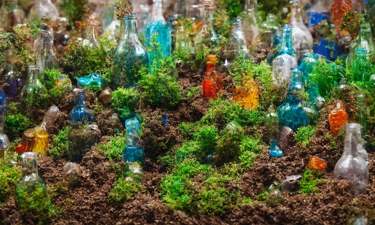 Prompt: terrarium worlds in mccartney bottles 8 k /