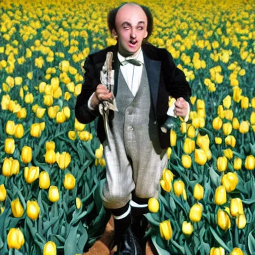 Image similar to photo of herbert butros khaury as singer tiny tim, tiptoeing through the tulips, walking on tiptoes