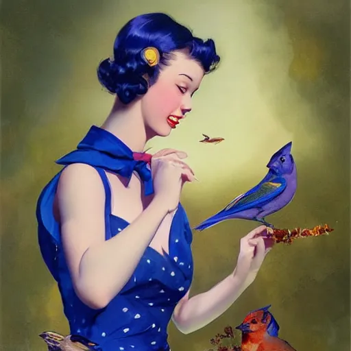 Image similar to portrait of a pinup girl holding an indigo bunting, bird, the bird is wearing a bowtie, by greg rutkowski, rossdraws, gil elvgren, enoch bolles, anime, porcelain skin, very coherent