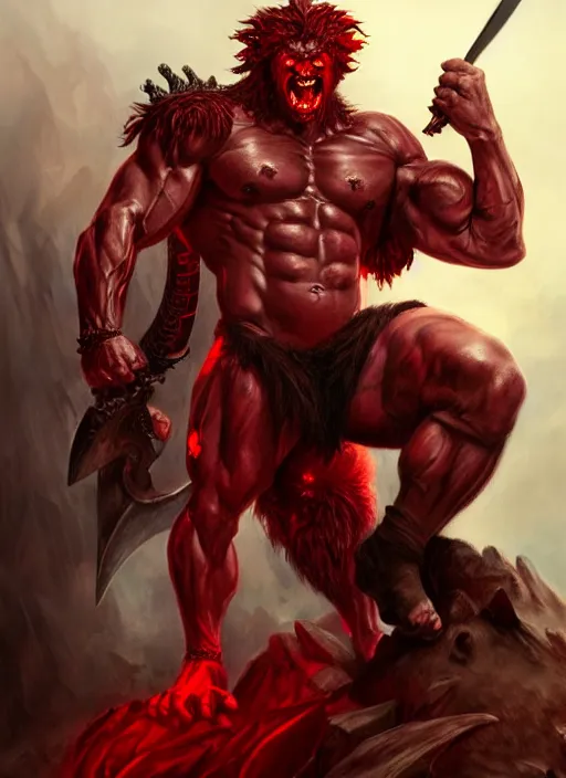 Image similar to portrait of aggressive demonic damned heracles slaying a beast, d & d, muscular! athetic slim bodybuilder, red and black, futuristic, fantasy, intricate, elegant, highly detailed, digital painting, artstation, concept art, smooth, sharp focus, illustration, art by artgerm and greg rutkowski and alphonse mucha