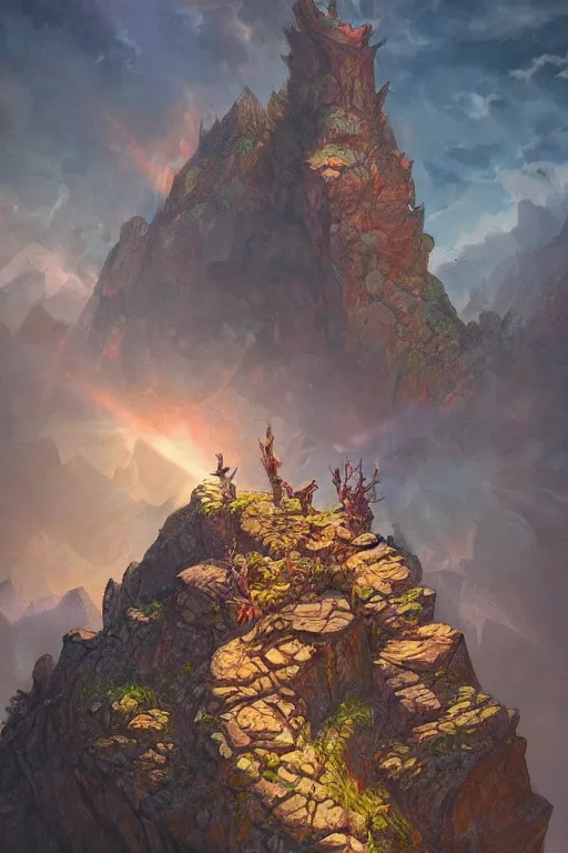 Image similar to cliff of the mire, art by paul wenzel and matt fox and j. p. targete, trending on artstation, dramatic lighting low angle view sacred geometry, oil and canvas, epic fantasy, strong colors, line drawing