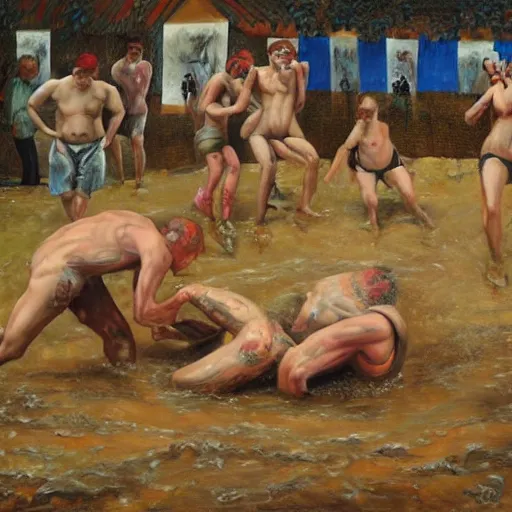 Prompt: 3 drunks fall over mud - wrestling,, where's wally, oil painted ( ( ( ( by salvador dali ) ) ) )