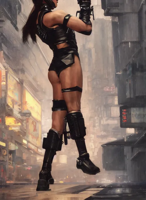 Image similar to chun li high kick. cyberpunk police trooper in a military vest ( blade runner 2 0 4 9, cyberpunk 2 0 7 7 ). orientalist portrait by john william waterhouse and james gurney and theodore ralli and nasreddine dinet, oil on canvas. cinematic, hyper realism, realistic proportions, dramatic lighting, high detail 4 k