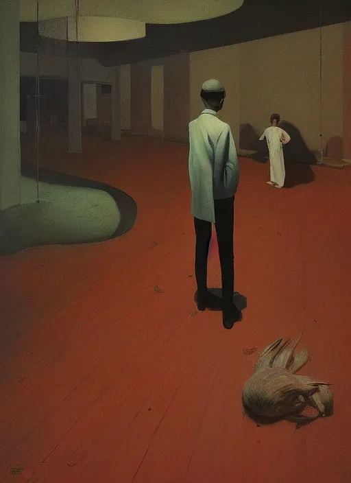 Image similar to time does not exist anymore by edward hopper and james gilleard, zdzislaw beksinski, overgrown vegetation, open ceiling, highly detailed, black people, painted by francis bacon, painted by james gilleard, airbrush, ilya kuvshinov, wlop, stanley artgerm, very coherent, art by takato yamamoto and james jean