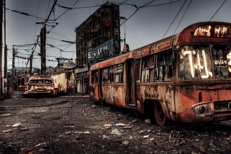 Image similar to low wide angle shot of dilapidated fallout 5, desolate rugged street, dilapidated neon signs, few rusted retro futuristic vintage parked vehicles like cars, ( ( ( buses, trucks, trams ) ) ), volumetric lighting, photorealistic, foggy, early evening, winter, sharp focus, ultra detailed, 4 0 0 0 k