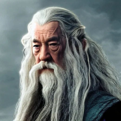 Image similar to a still from “ lord of the rings ” of a head and shoulders portrait of master tang as gandalf, photo by phil noto