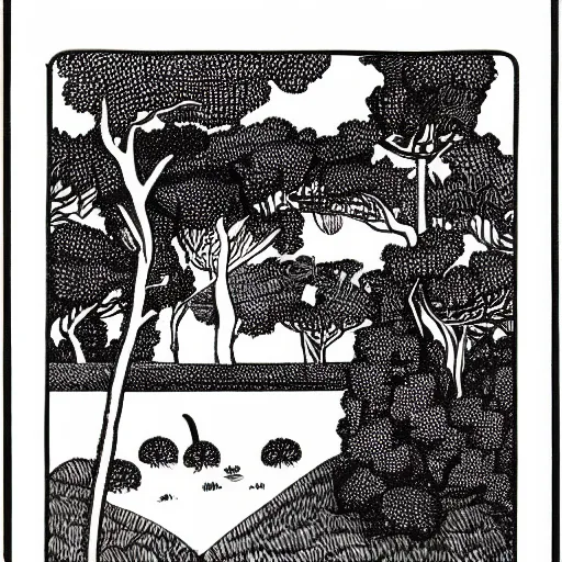 Prompt: Landscape, by Aubrey Beardsley.