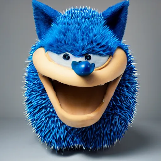 Prompt: anthropomorphic blue hedgehog with human teeth, studio portraitng