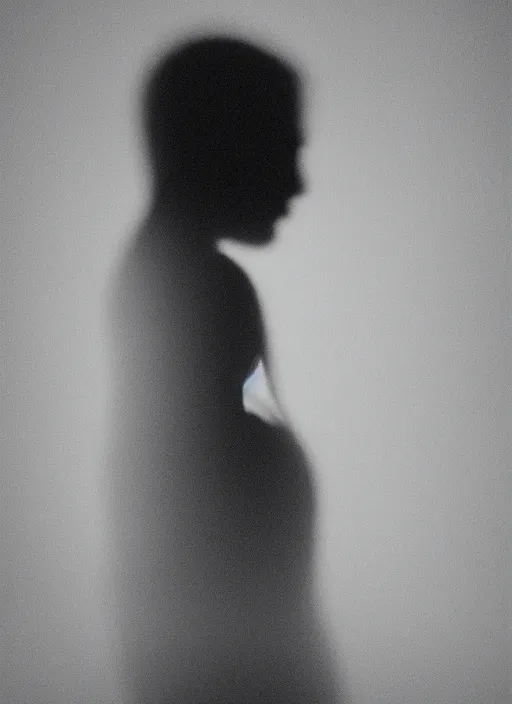 Prompt: human silhouette, large diffused glowing aura, long exposure, film grain, cinematic lighting, experimental portrait photography