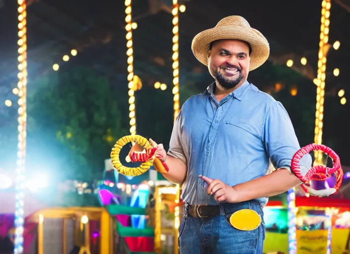 Image similar to photo still of sinbad at the county fair!!!!!!!! at age 3 6 years old 3 6 years of age!!!!!!!! playing ring toss, 8 k, 8 5 mm f 1. 8, studio lighting, rim light, right side key light