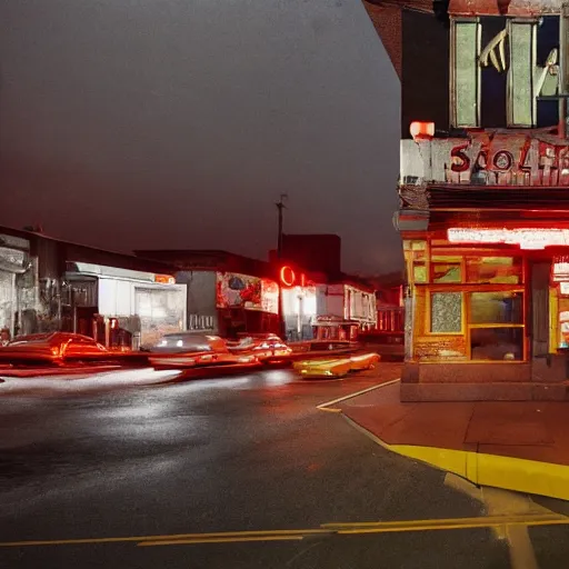 Prompt: A stunningly beautiful award-winning 8K high angle cinematic movie photograph of a dark foggy main intersection in an abandoned 1950s small town at night, by Edward Hopper and David Fincher and Darius Khonji, cinematic lighting, perfect composition, moody low key volumetric light. Color palette from Seven, greens yellows and reds. 2 point perspective