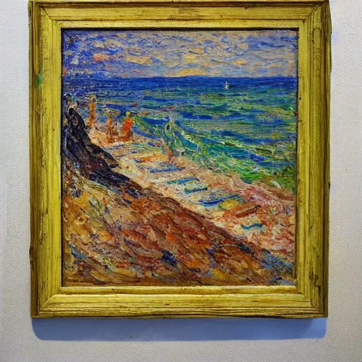 Image similar to oil paint impasto relief, beautiful painting of a sunny italian beach scene, multi layered thick brush marks, some splattered paint, in the style of monet and frank auerbach