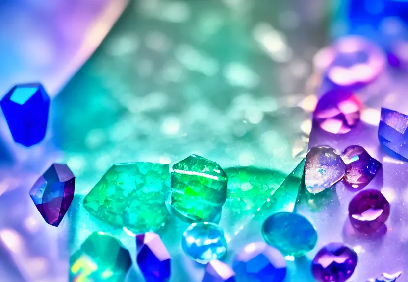 Prompt: iridescent gemstone texture with high refraction, glass, shining, opal, diamond, sapphire, topaz, nature, photo, motion blur, macro lens, soft, detailed, abstract, lens flare