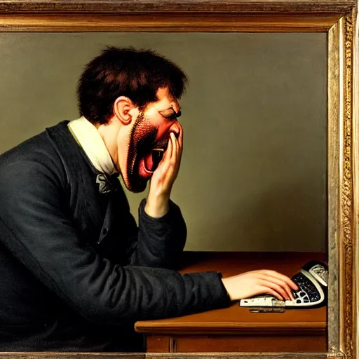 Image similar to an angry man yells at his computer monitor, oil on canvas, 1 8 8 3, highly detailed