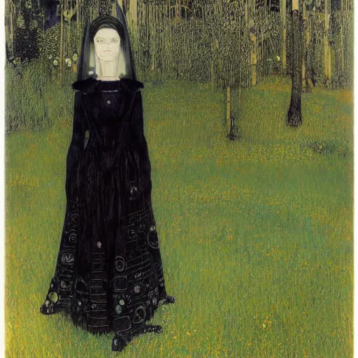 Prompt: Tilda Swinton with beautiful clear defined face and body as a gothic victorian woman clothed in black dress and veil standing in front of a lake near an ominous forest. Junji Ito, Gustav Klimt, Edvard Munch, shallow focus