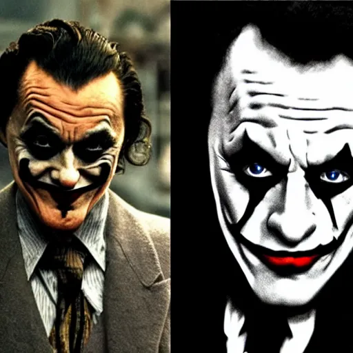 Prompt: Salvador Dali as the joker in dark knight , very realistic! looks at the camera, backlight cinematic dull colors medium close shot from the batman dark knight