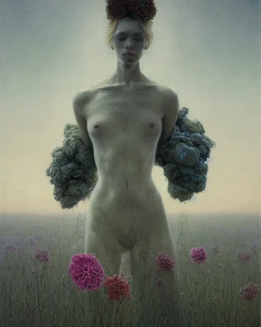 Image similar to A portrait of a woman wearing clothes made out of dying flowers, apocalypse, nuclear explosion in the background, Masterpiece, pure white skin, glowing, wires everywhere, by Edgar Maxence and Ross Tran, Zdzisław Beksiński, and Michael Whelan, distant, gustav dore, H.R. Giger, 8k, octane render